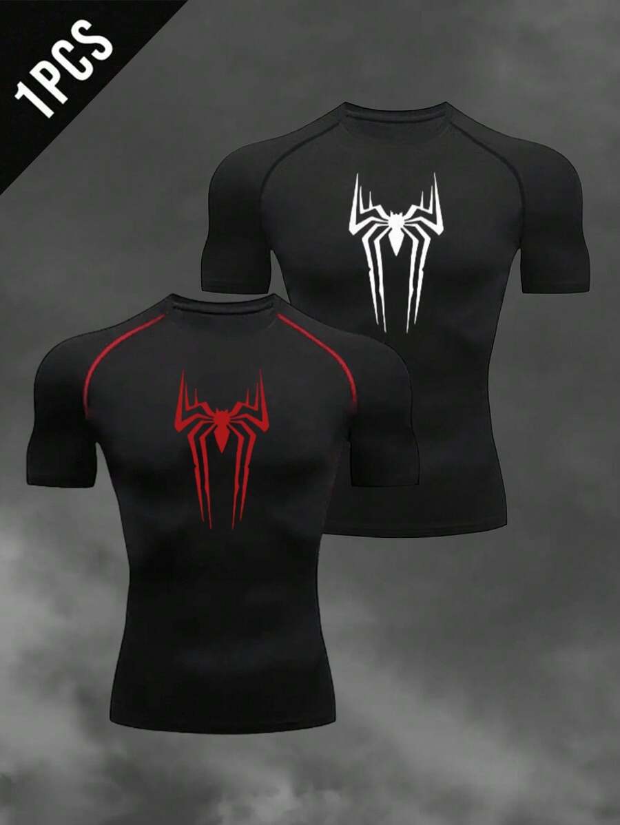 Manfinity Sport Corelite Camiseta deportiva de manga corta tipo raglán con estampado de araña para hombres, camiseta de compresión transpirable y ajustada para entrenamiento y gimnasio, cuello redondo