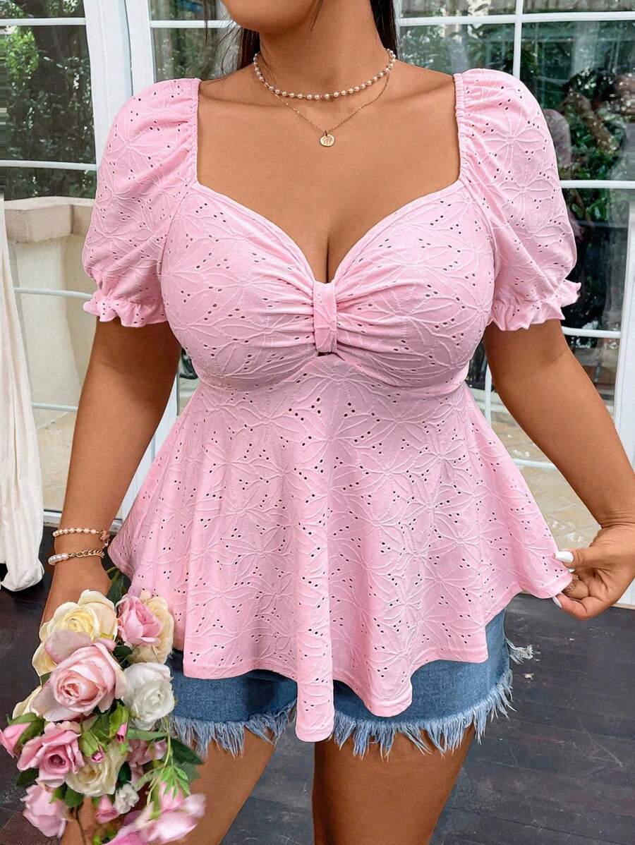 SHEIN MOOSTA Tricou Jacquard Dulce Și Drăguț Cu Mânecă Scurtă, Decolteu Henley