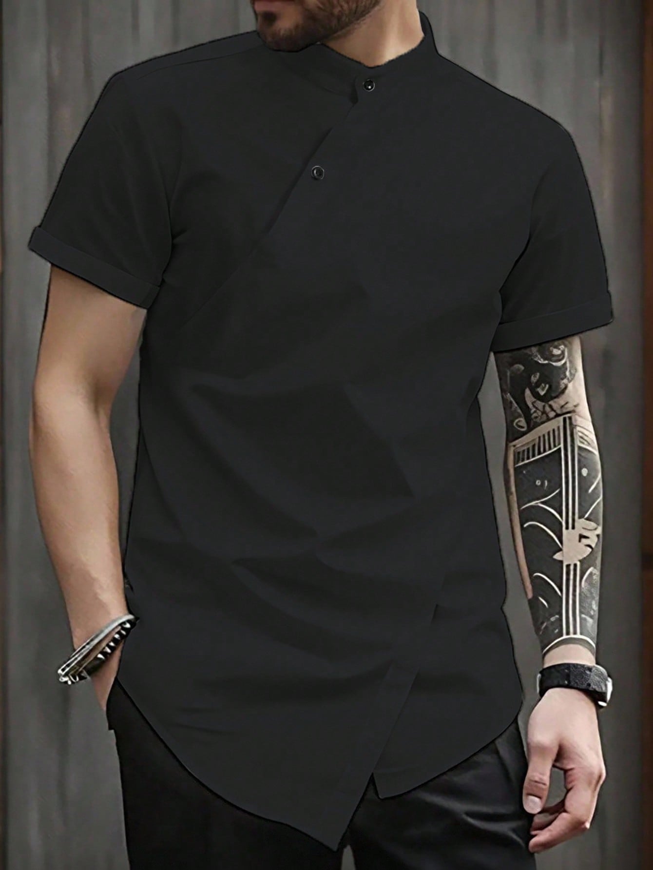 Manfinity Homme Men's Solid Color Button Design Short Sleeve Casual Shirt Men Black Shirt