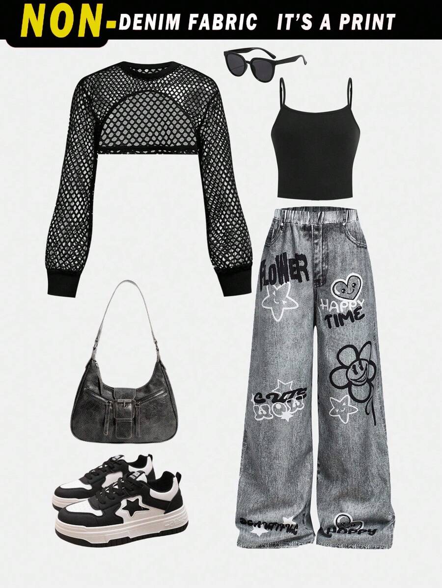 SHEIN Girlism Tween Girl, pantaloni largi cu efect de denim în stil stradal, top crop subțire, cu mânecă lungă, top cu glugă, ținută din 3 piese, modă
