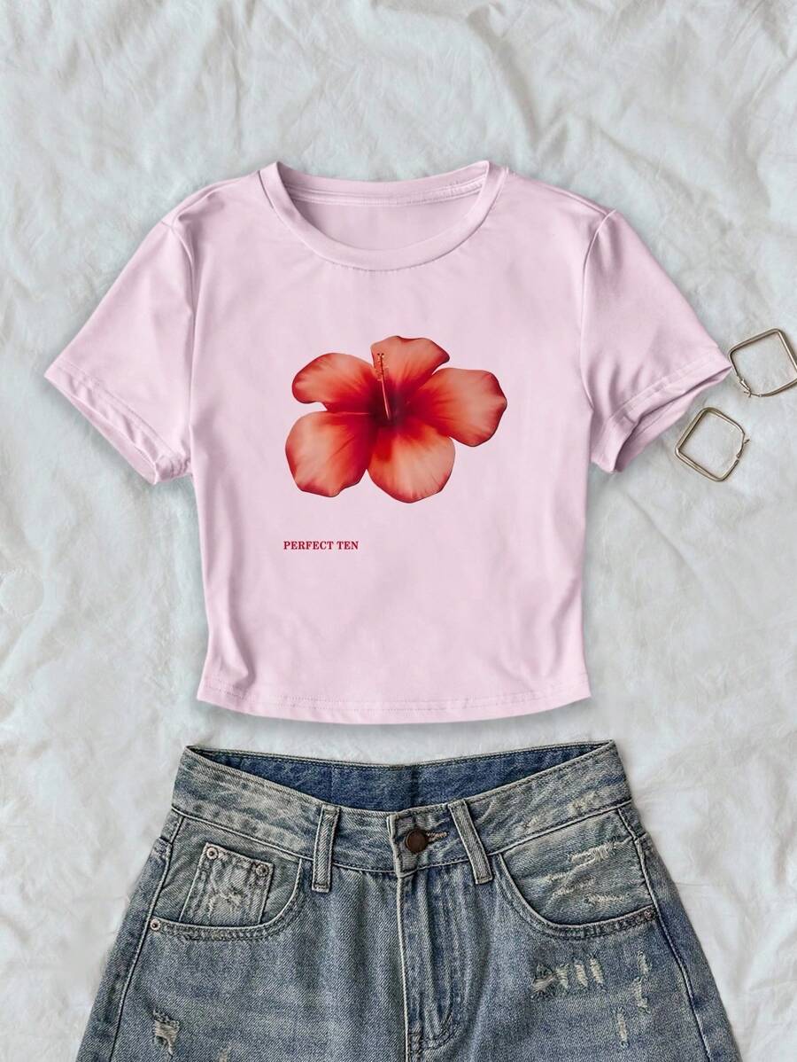 INAWLY Women's Floral Print Slim Fit Short Style T-Shirt, Sweet & Dopamine Inducing Ladies Summer Top