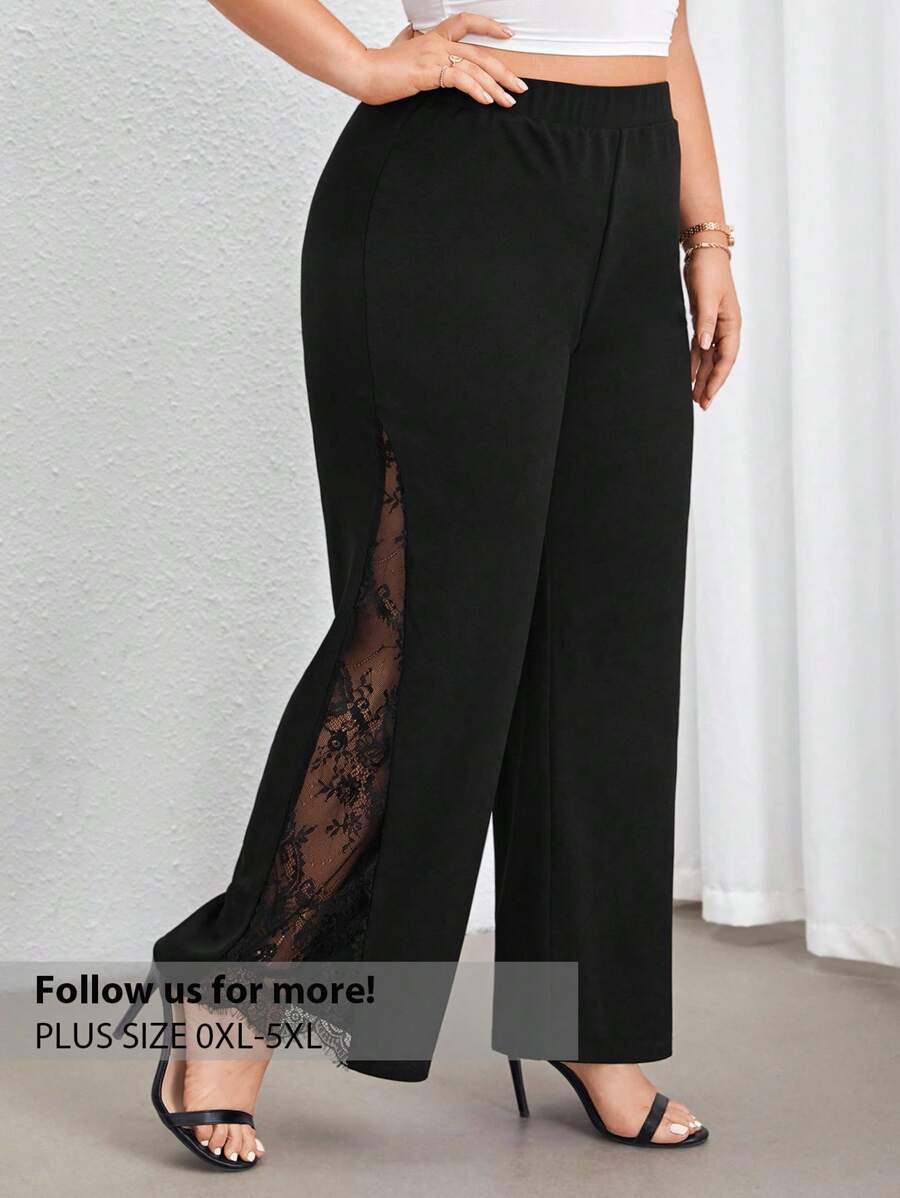 Firerie Pantaloni negri eleganți, casual, cu talie înaltă, cu croi larg, cu crăpături laterale și panouri din dantelă transparentă, potriviți pentru purtare zilnică și naveta, primăvară/vară