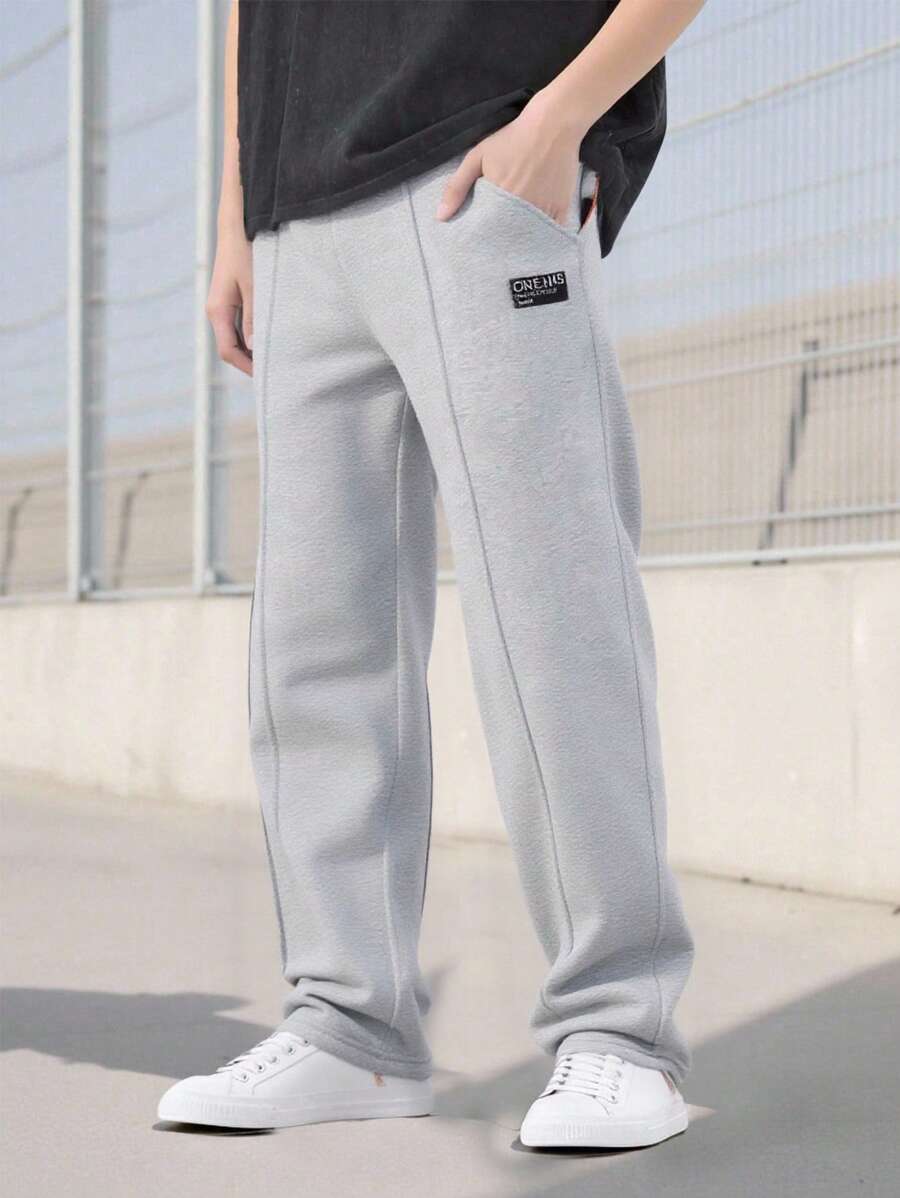 1 buc pantaloni sport casual minimalisti tricotați cu buzunar, subțiri, cu picior drept, pentru tineret, primăvară/toamnă