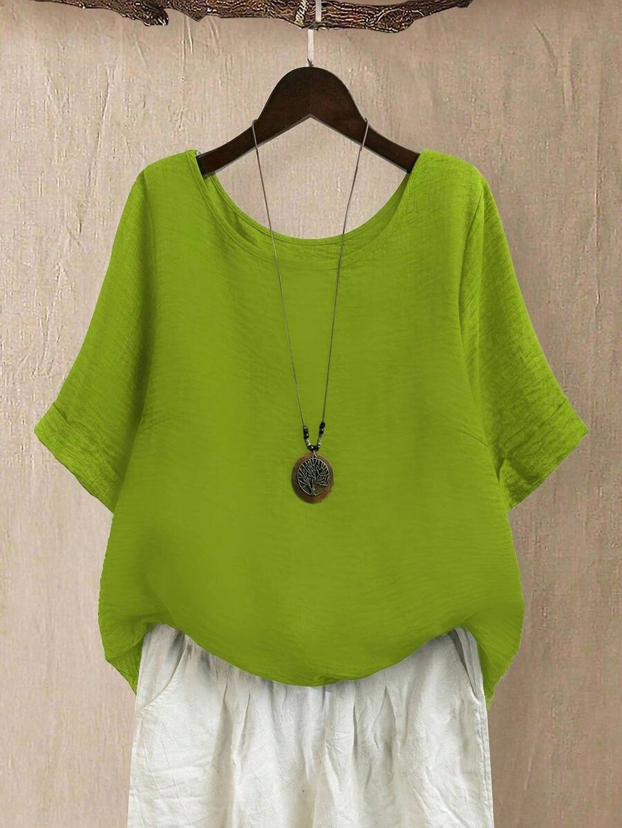 Linhara Plus Size Women's Round Neck Casual/Daily/Outing/Simple/Leisure Travel/Brightening Grass Green Textured Pullover Top, Spring/Summer