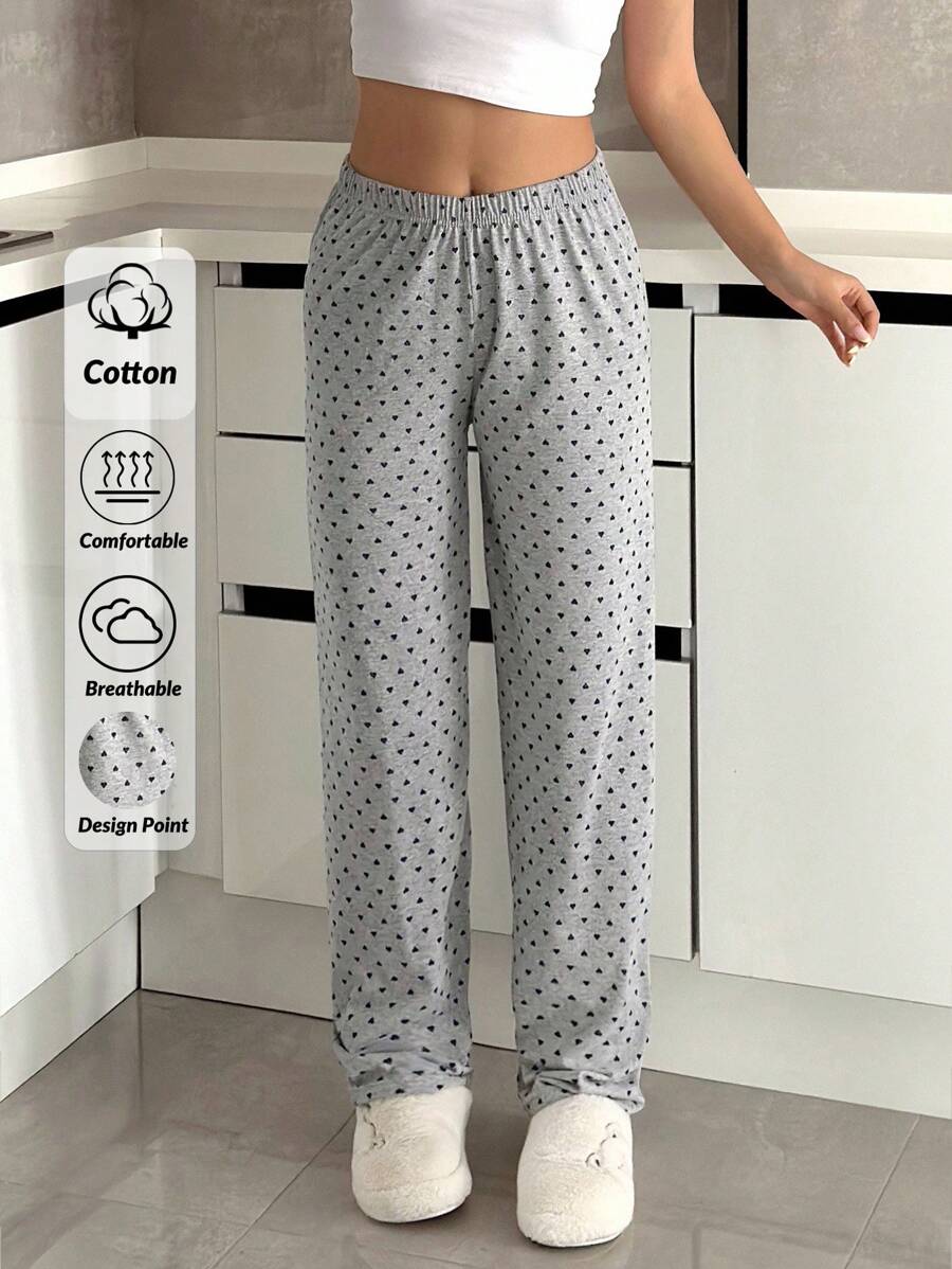 Bas de pyjama en coton pour femmes avec motif en contraste de cœur