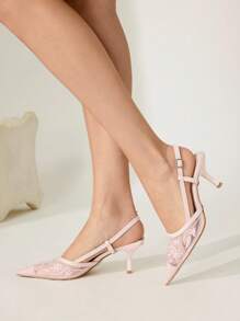 CUCCOO CHICEST Women's Fashion Pointed Toe Pink Embroidered Mesh Open Toe Ankle Strap Stiletto High Heel Party Dress Sandals