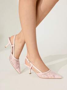 CUCCOO CHICEST Women's Fashion Pointed Toe Pink Embroidered Mesh Open Toe Ankle Strap Stiletto High Heel Party Dress Sandals