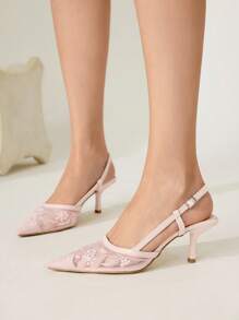 CUCCOO CHICEST Women's Fashion Pointed Toe Pink Embroidered Mesh Open Toe Ankle Strap Stiletto High Heel Party Dress Sandals