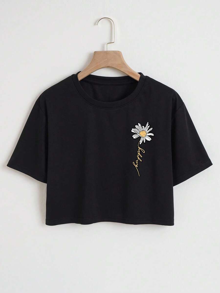 INAWLY Camiseta corta con gráfico floral y de letras, camisetas gráficas para mujer