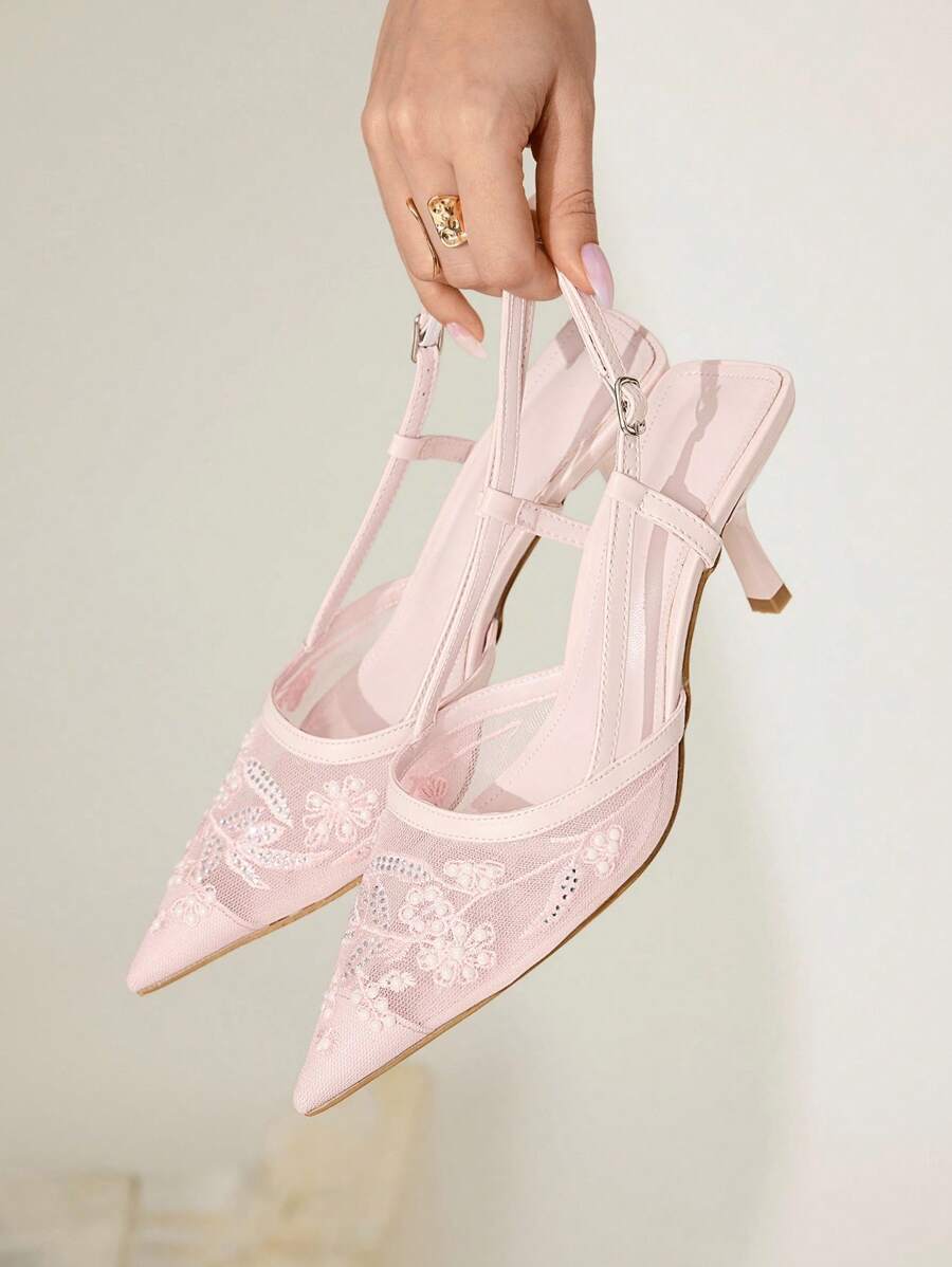 CUCCOO CHICEST Women's Fashion Pointed Toe Pink Embroidered Mesh Open Toe Ankle Strap Stiletto High Heel Party Dress Sandals