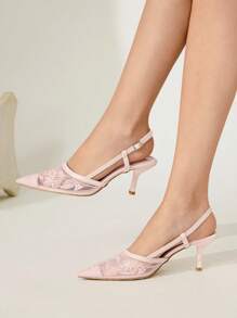 CUCCOO CHICEST Women's Fashion Pointed Toe Pink Embroidered Mesh Open Toe Ankle Strap Stiletto High Heel Party Dress Sandals