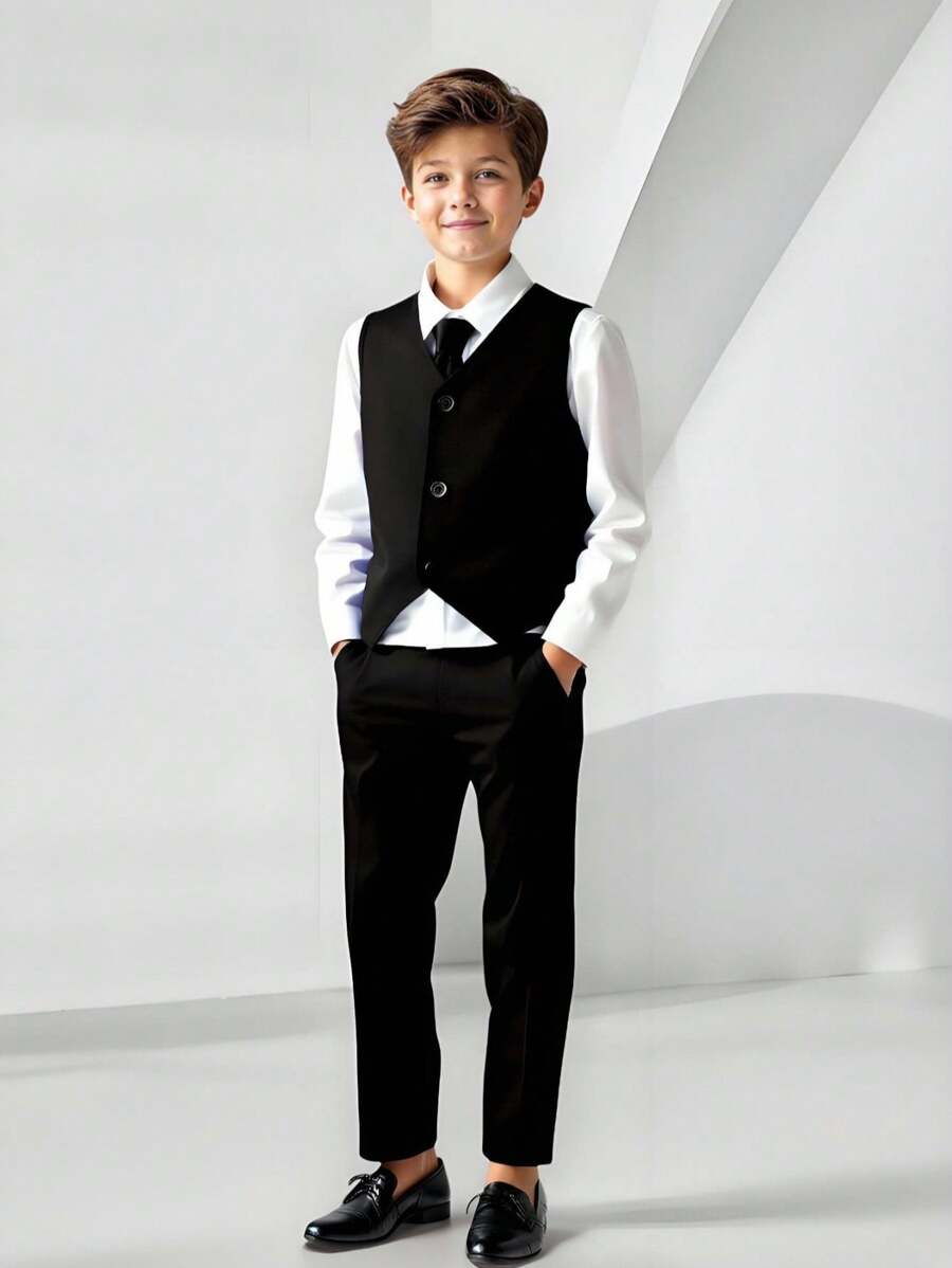 SHEIN 2pcs Tween Boy Gentleman Outfit, Sleeveless Vest Jacket And Trousers, Elegant Formal Suit For Birthday Party, Banquet, Wedding, Christening, Anniversary