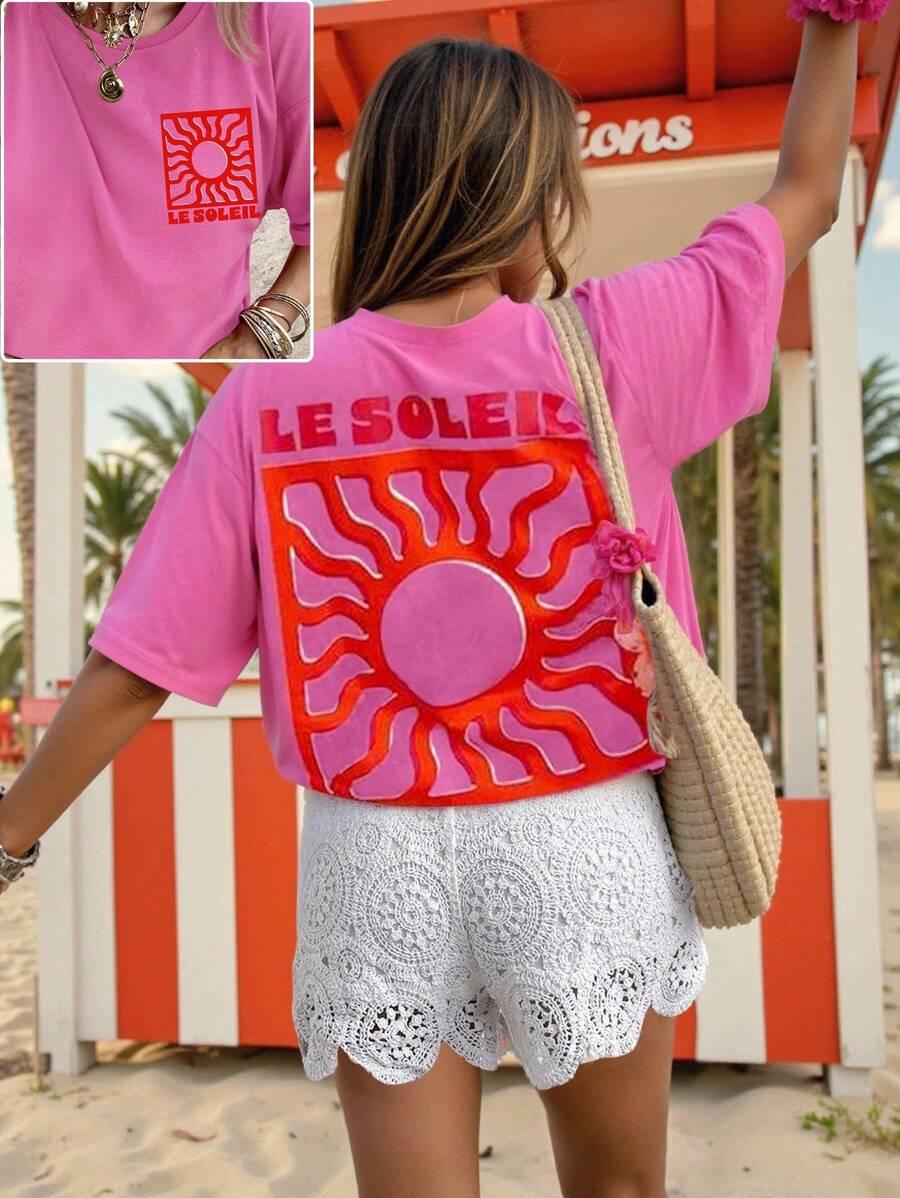 DrmWander T-shirt à manches courtes imprimé soleil et lettres, décontracté pour les vacances