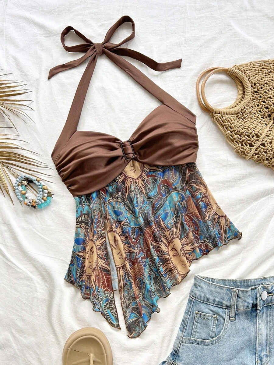 Soleia Women Holiday Sleeveless Flounce Asymmetrical Hem Bowknot Neck Top, Fresh Summer Boho Beach Top Cute Beach Tops Beach Outfits For Women Boho Swimsuit Beach Outfits For Vacation