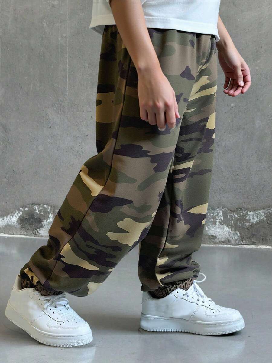 Young Boy Casual Camouflage Loose-Fitting Cuffed Woven Pants , Suitable For Autumn, Spring And Summer, Suitable For Outdoor Play, School, Street Shooting, Party And Home Leisure Back To School Clothes