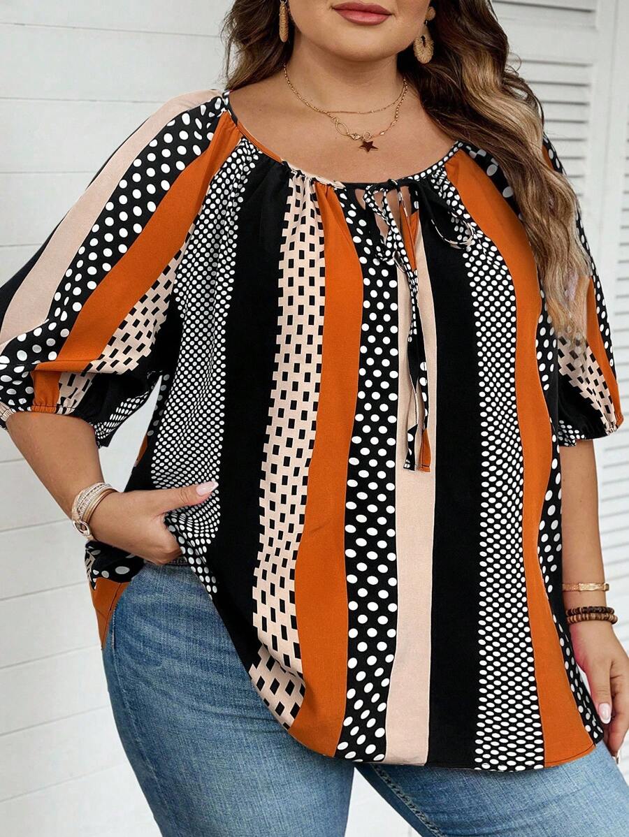 SHEIN CURVE+ Plus Size Casual Vacation Colorblock Striped Shirtsummer/Country/Beach Vacation Outfits/Beach Outfits/Beach Wear