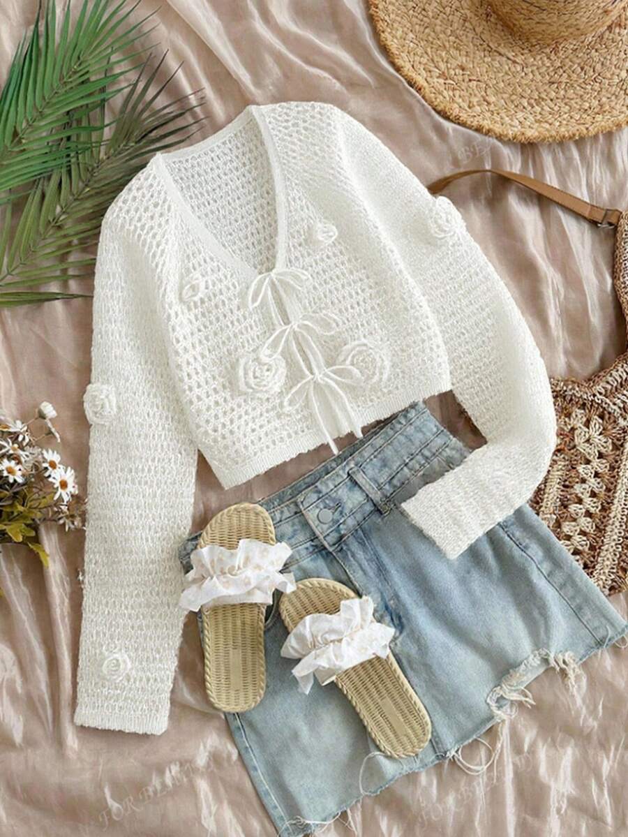 SHEIN MOD Plus Size White Crochet 3D Floral Beach Cover-Up Cardigan,Boho Plus Size Summer Cardigan: White Crochet & 3D Florals,Airy Plus Size Beach Cover-Up: White Crochet Floral Cardigan,Plus Size Summer,Lightweight Plus Size Crochet Cardigan: 3D Floral Cover-Up