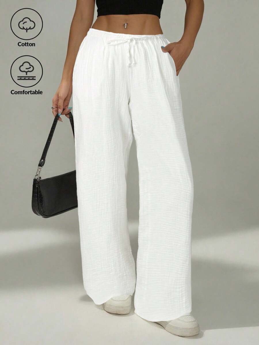 SHEIN PETITE Women Solid Color Waist-Tie Pockets Straight-Leg Pants,Business Casual Woman