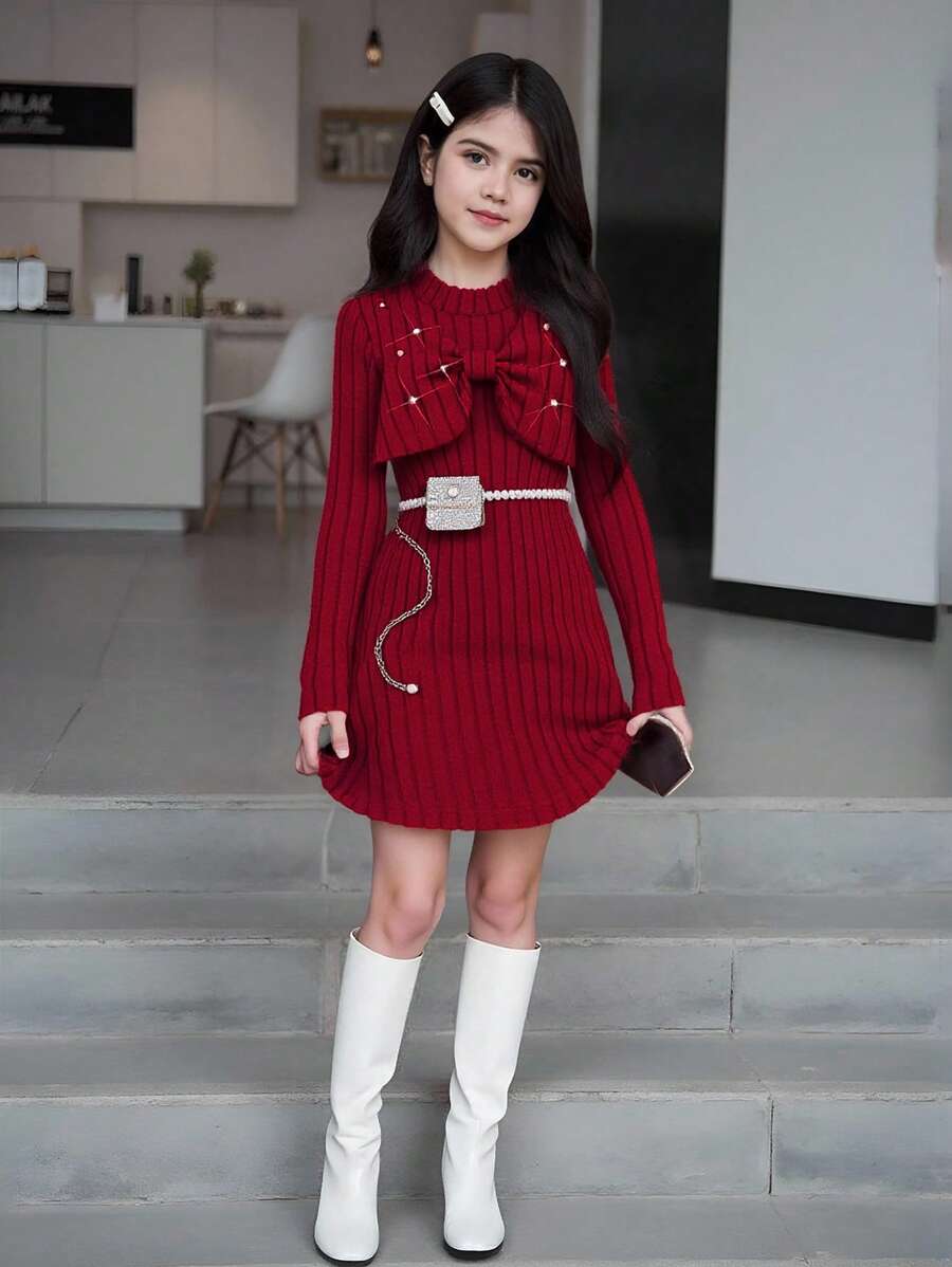 2pcs Tween Girl Casual Outfit, Pearl Decor Long Sleeve Top And A-Line Mini Dress, Elegant Outfits For Spring Autumn