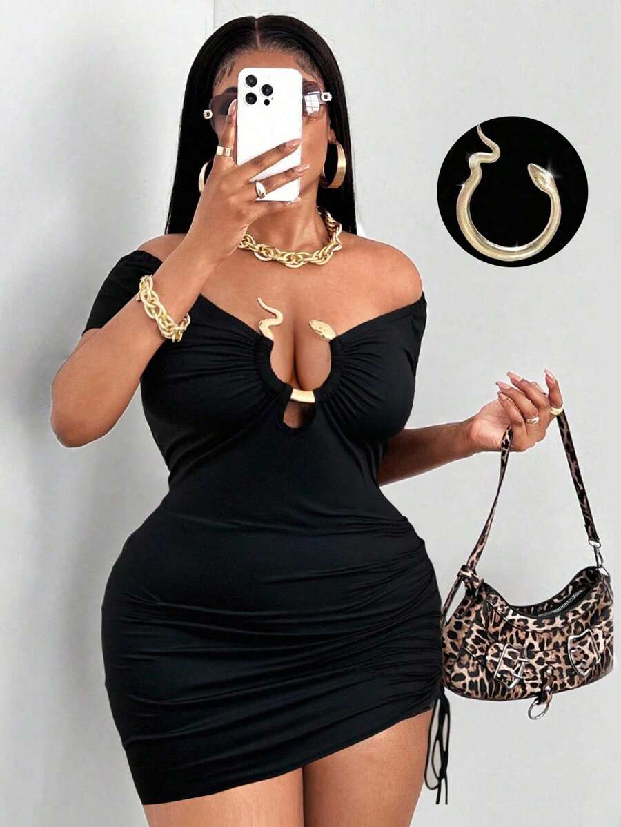 Maweii Plus Size Women's Metallic Snake Skin Asymmetric Hem Side Ruched Tie Waist Dress