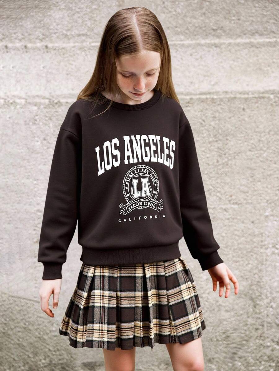 SHEIN 2pcs/Set Tween Girl Vintage Casual English Letter Print Long Sleeve Fleece Sweatshirt And Plaid Pleated Skirt Set, Suitable For Winter Daily Wear
