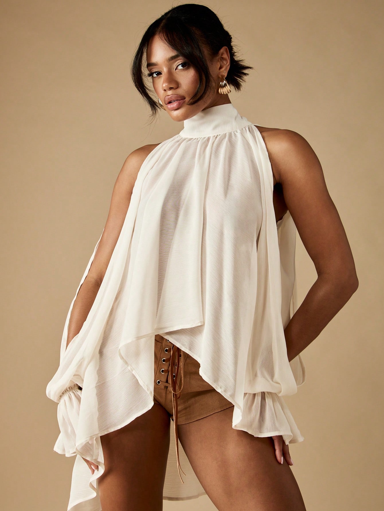 MISSGUIDED Halter Neck Long Sleeve Draped Blouse｜MISSGUIDED