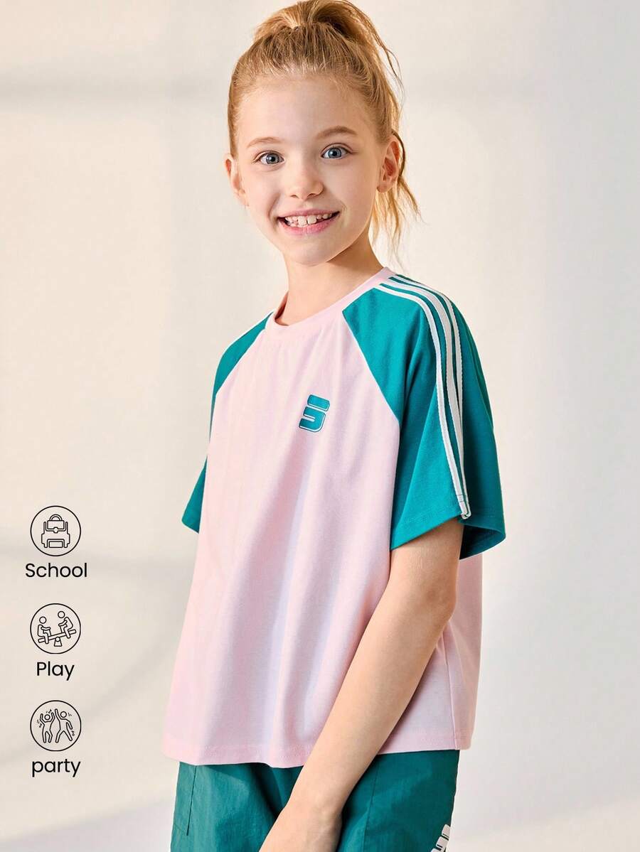 JNSQ Retour à l'école T-shirt de sport décontracté à manches courtes, Top de sport décontracté à manches courtes col rond bicolore pour enfants