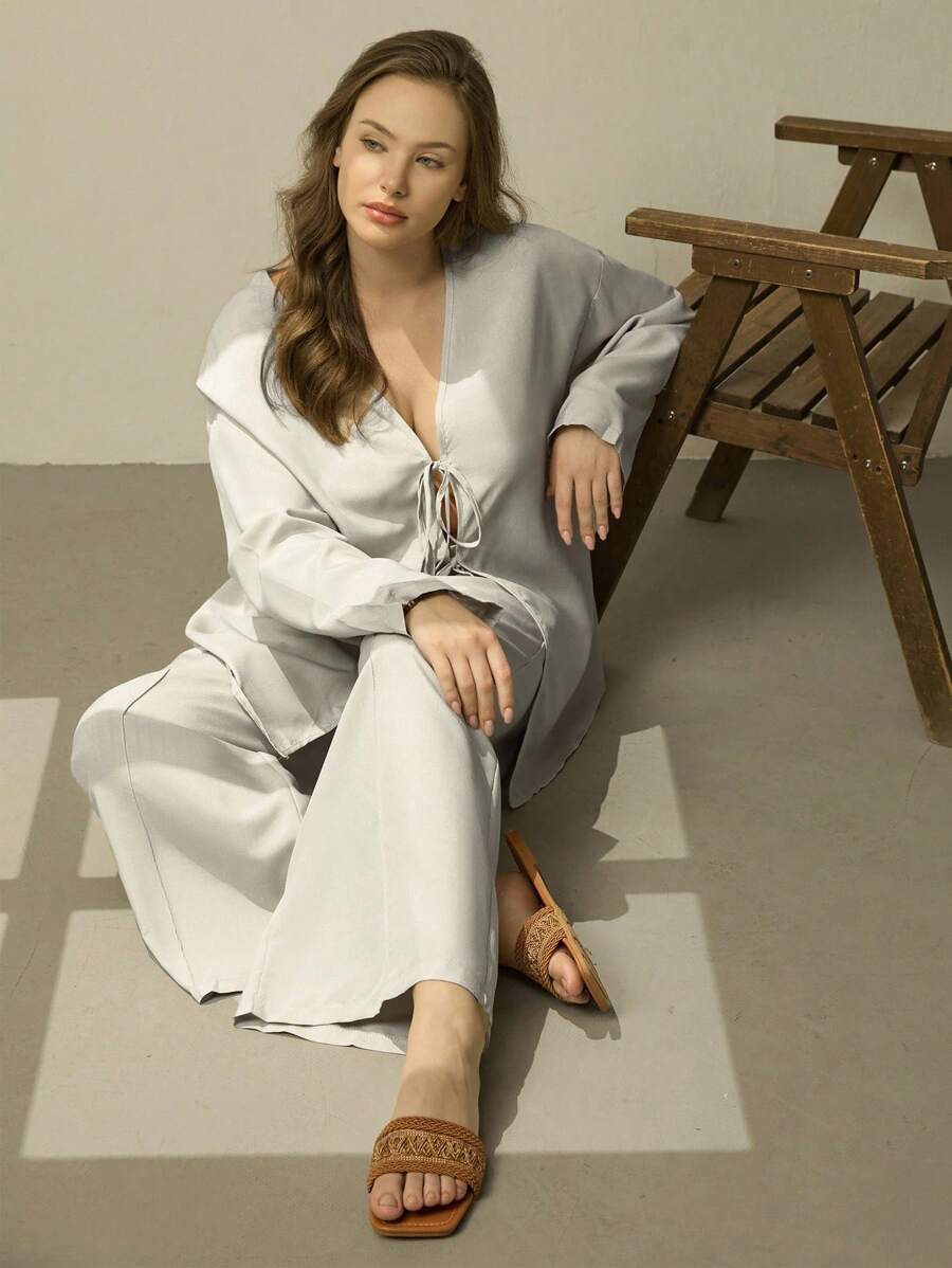 Linhara Ensemble 2 pièces, Top à manches longues et pantalon, grande taille, couleur unie, casual, automne