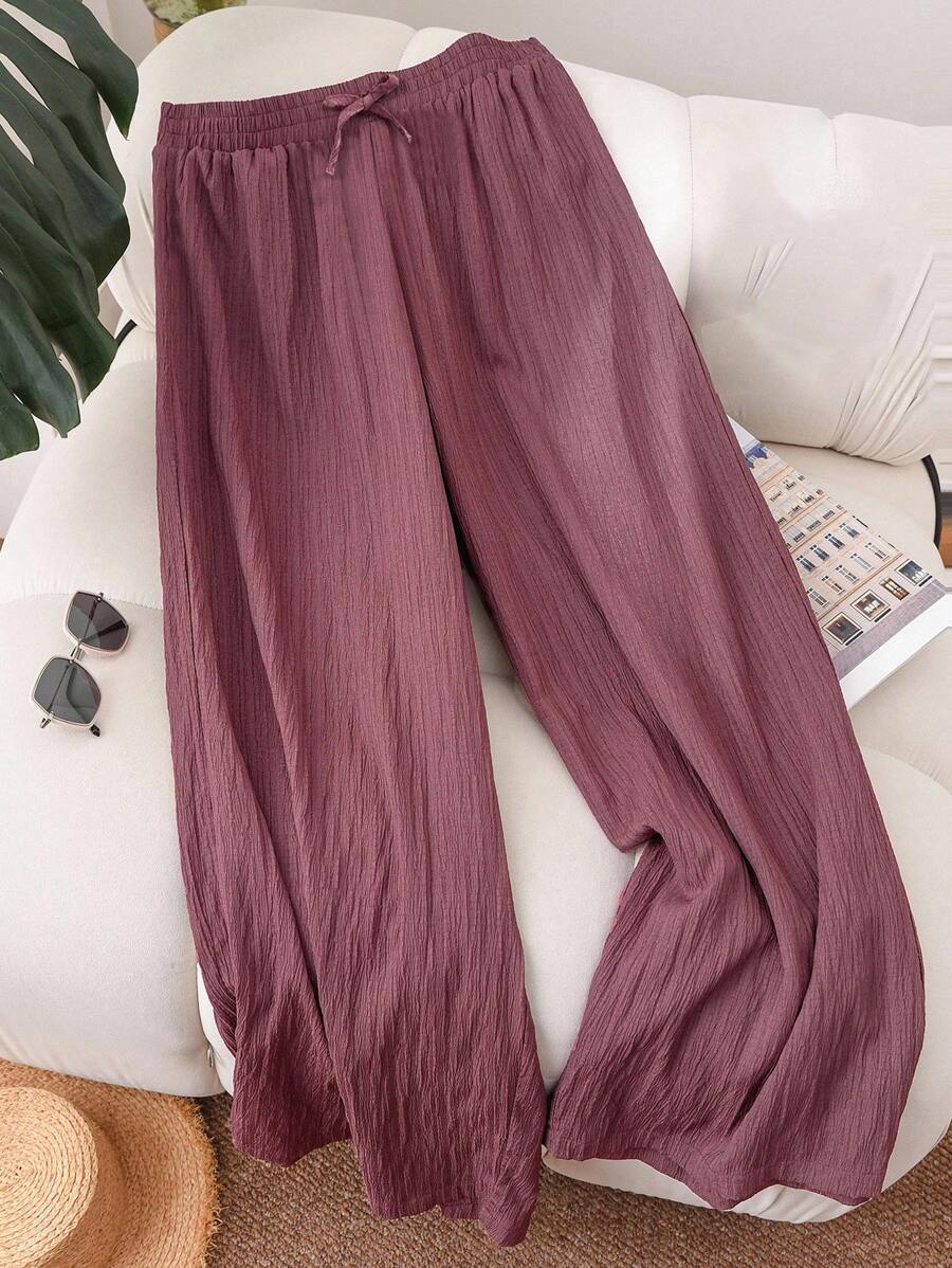 SHEIN Pantalon en tissu texturé rose clair unicolore avec cordon et nœud papillon, pour filles préadolescentes décontractées