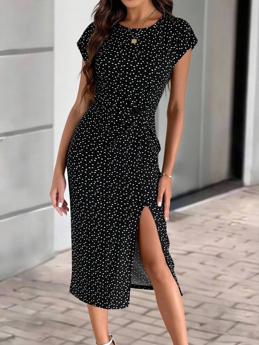 EMERY ROSE Heart Print Crew Neck Waist Twist Detail Front Slit Women Midi Dress