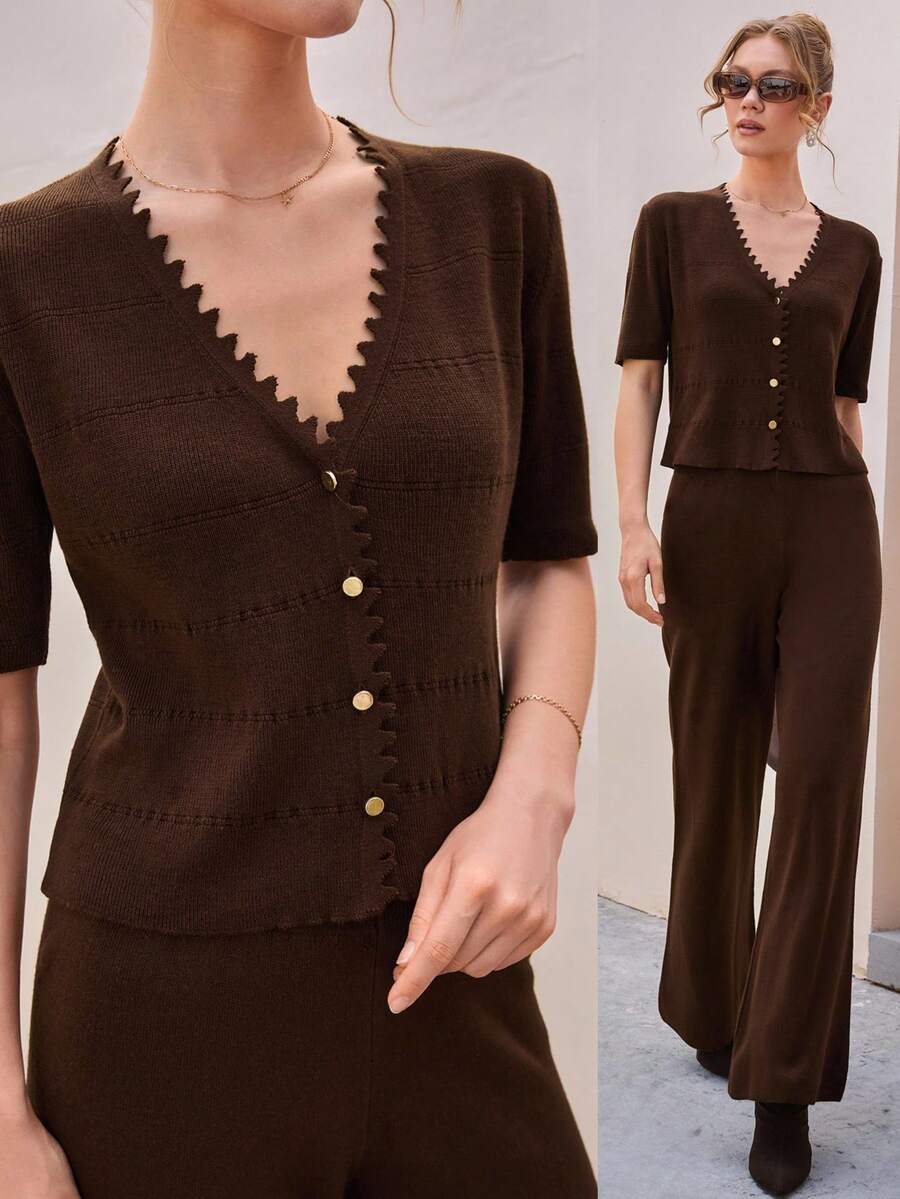 CLARA VERO Conjunto de 2 piezas de mujer con Cardigan de botones dorados y Pantalón de punto de suéter