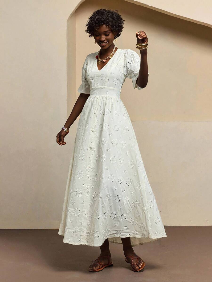 Bóhologie Vestido maxi blanco elegante con mangas globo cortas, bordado de ojal