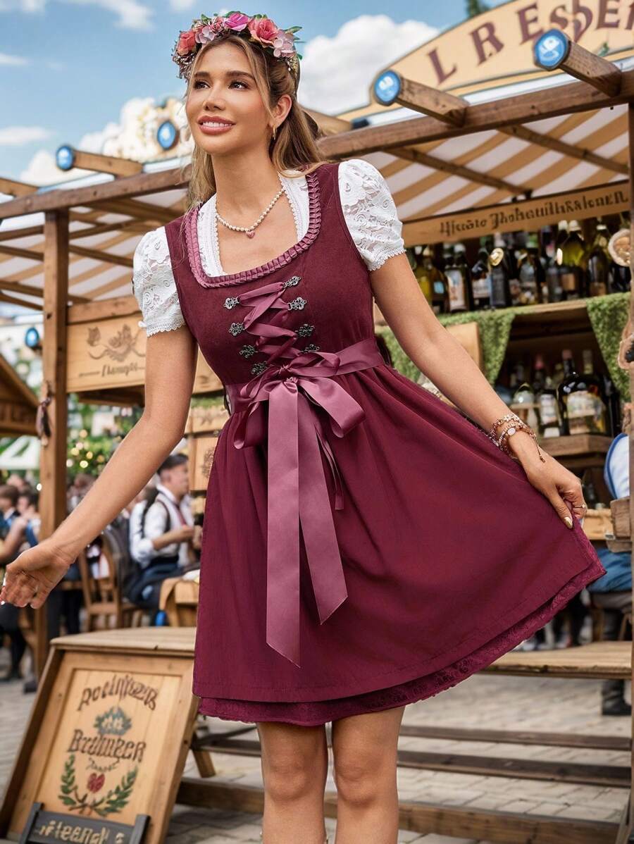 SHEIN Frenchy Women's Waist Tie Design Contrast Sleeveless Elegant Dress,Women's Sleeveless Red Three-Dimensional Embroidered Waist-Cinching Front-Tie Dress With Floral Embroidery, Ruffle Trim And Tie Design, Oktoberfest Bavarian-Style Clothing, Festive Attire, Dirndl Dress German Dress Oktoberfest Dress Country Dress For Women,Oktoberfest Dirndl,Retro Court-Style Dress, Traditional German Dress, Picnic Dress, Wine Dress, Pinafore Dress