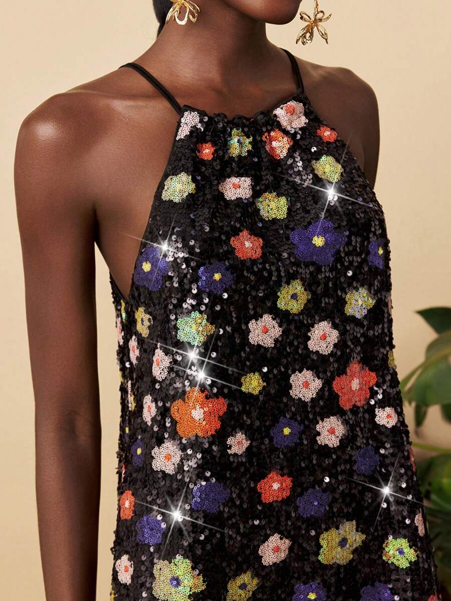 Travachic Robe d'été à col ras-du-cou avec fleurs et paillettes pour femmes
