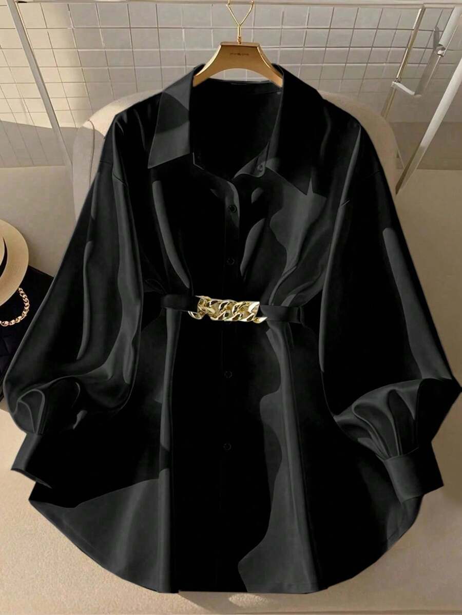 GlowEve Women's Metallic Embellished Long Lantern Sleeve Long Shirt, Elegant & Fashionable