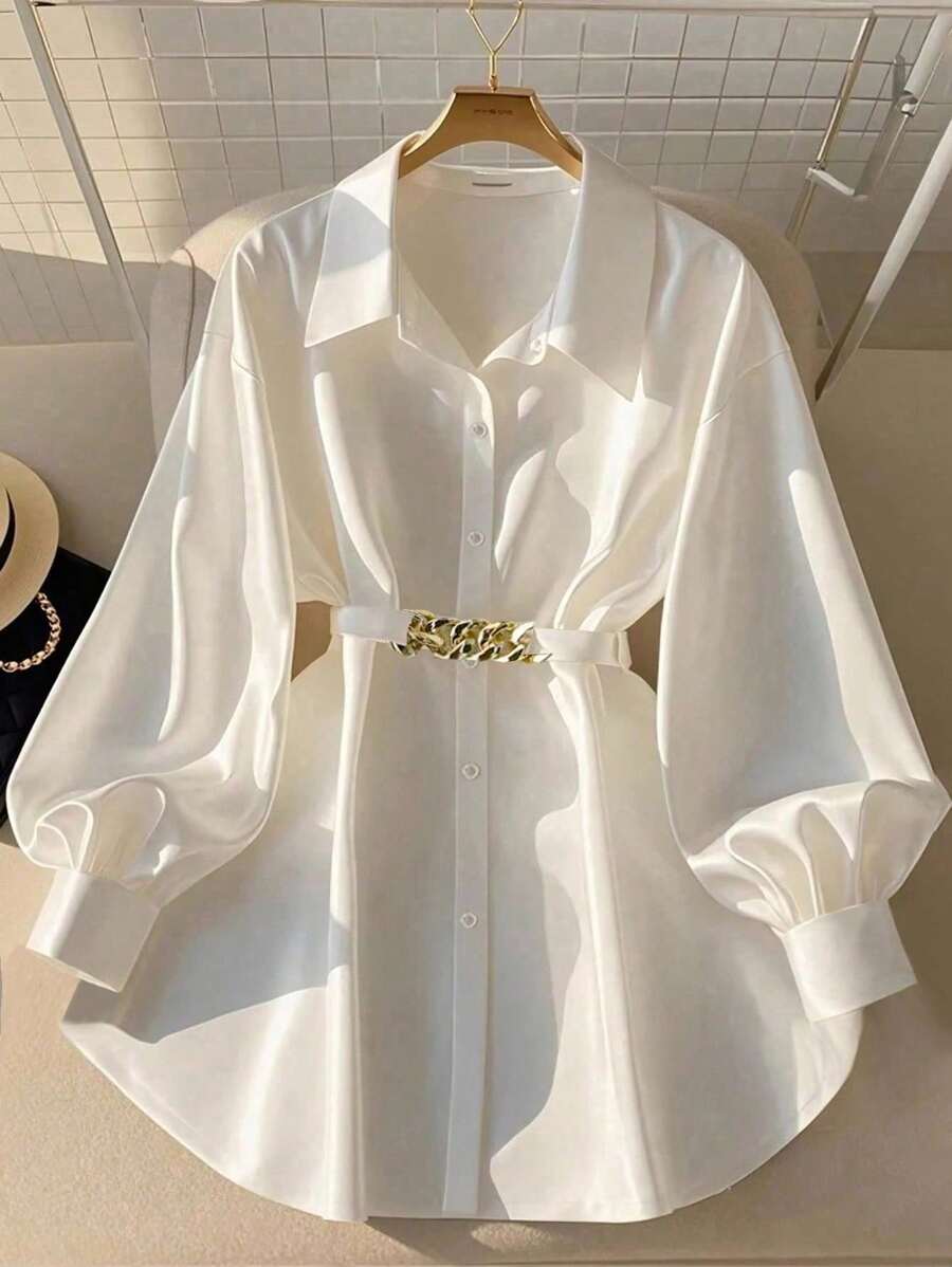 GlowEve Cămașă casual de damă, cu mânecă lungă, cu nasturi în față, cu decor metalic