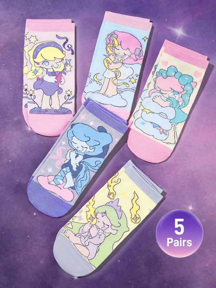 Pop Mart Azura X SHEIN 5 Pairs Cartoon Pattern Fashionable Cute Macaron Color Fantasy Soft And Breathable Moisture-Wicking Women Elastic Ankle Socks, Reinforced Toe And Heel, Suitable For Spring, Summer, Autumn, Winter, Pink & Purple