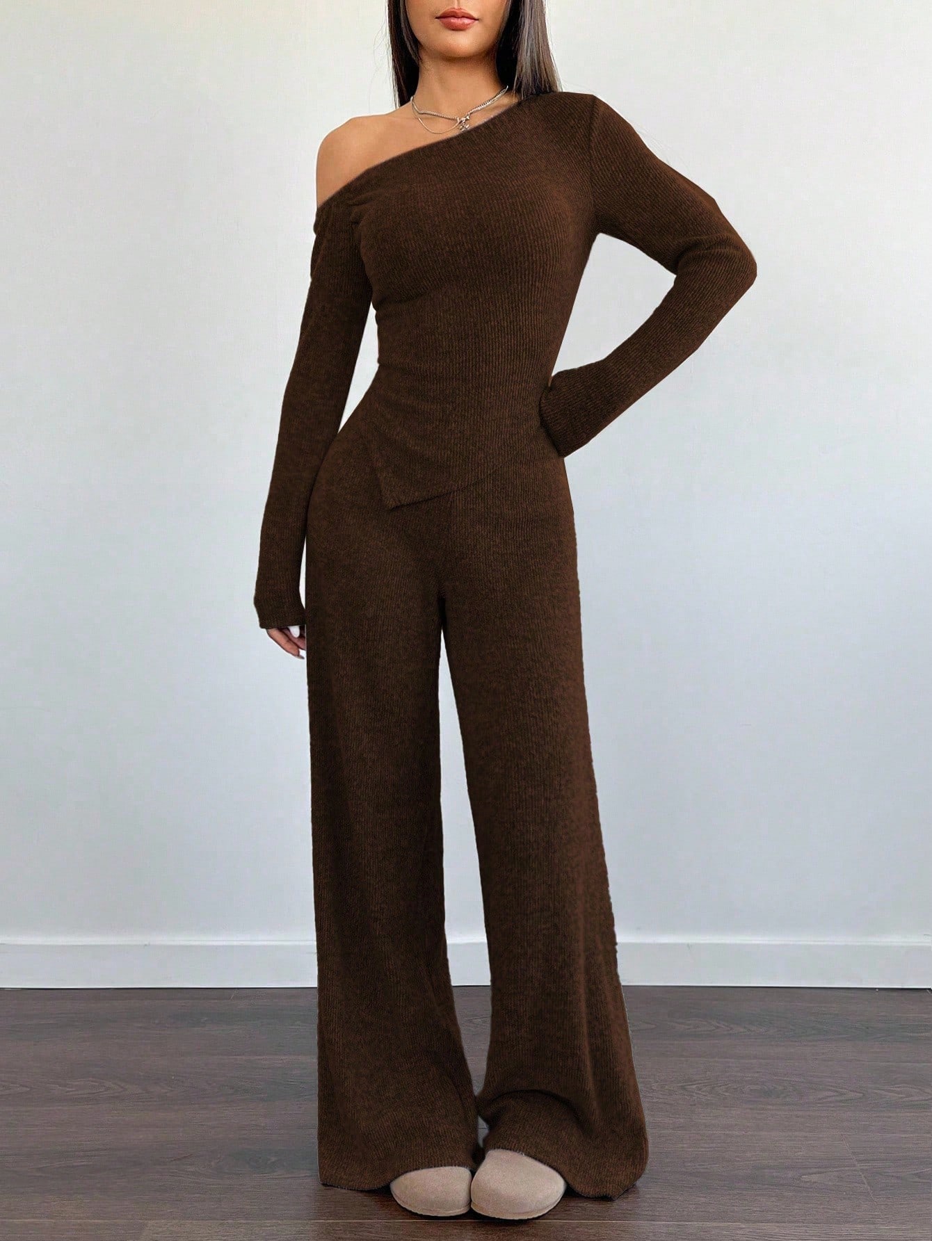 FavEase Women's Casual Asymmetrical Shoulder Fuzzy T-Shirt + Wide Leg Low Waist Pants 2 Pieces Set, Winter Fall Cloth For Women