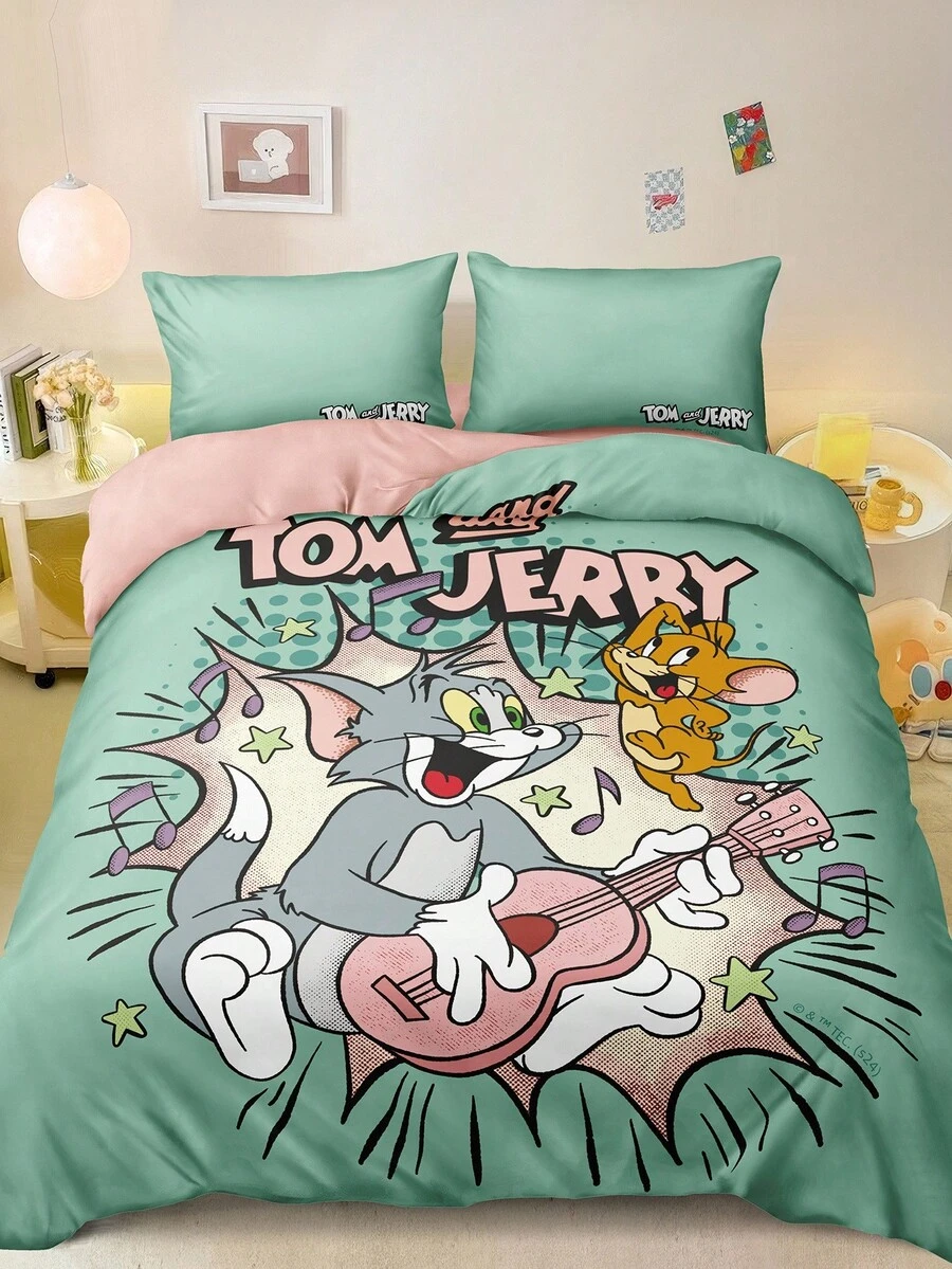Tom and Jerry Artist x SHEIN Aranza Sanchez Lindo conjunto de ropa de cama impreso de gatos y ratones en caricatura, cómodo