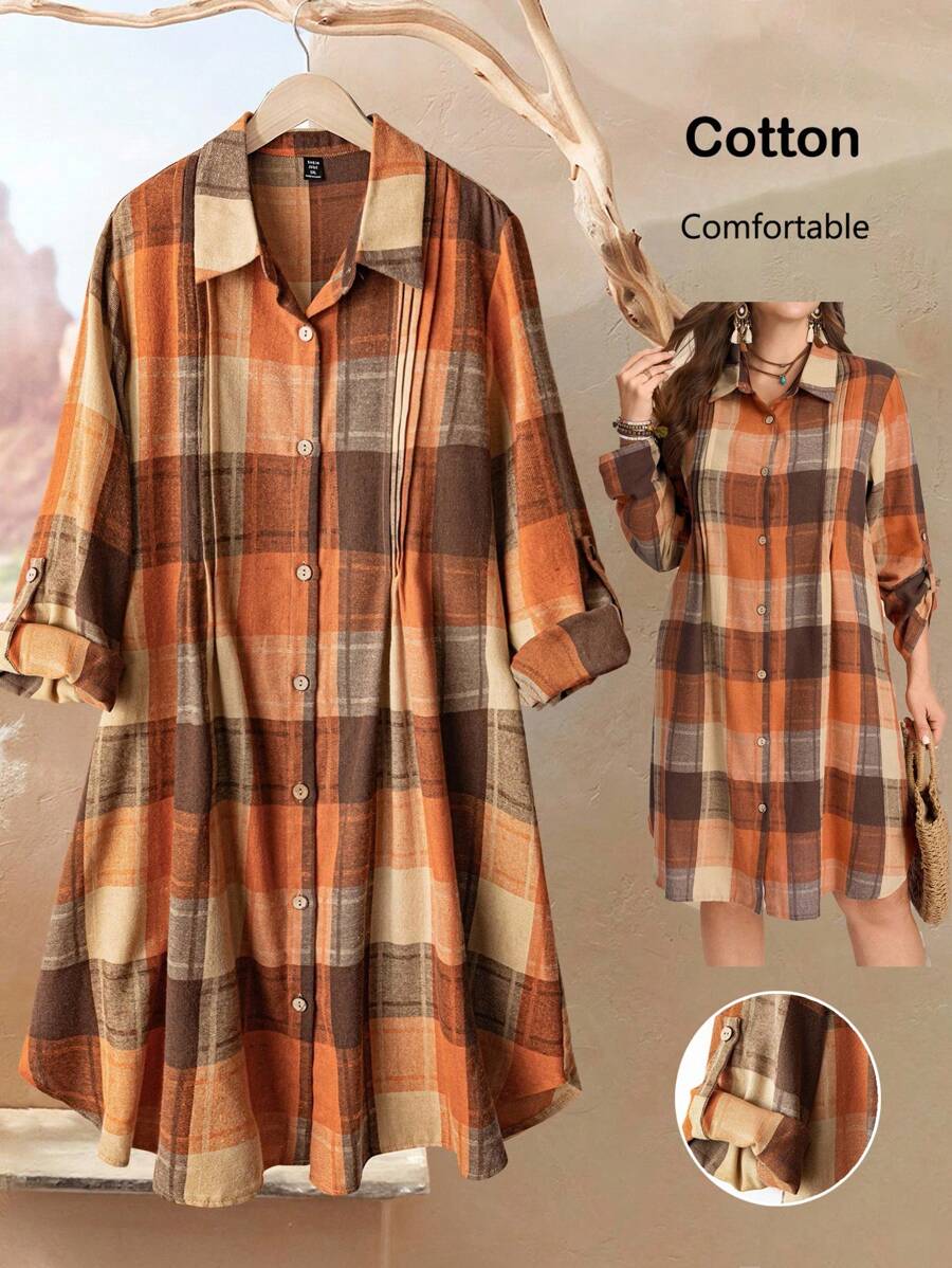 Rusticease Vestido camisero casual y holgado a cuadros para mujer de talla grande