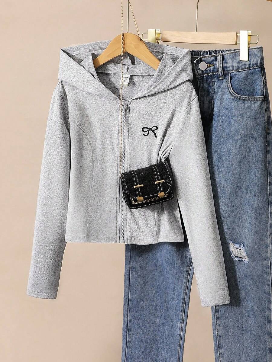 Chaqueta con capucha con estampado de moños para niñas preadolescentes de estilo casual