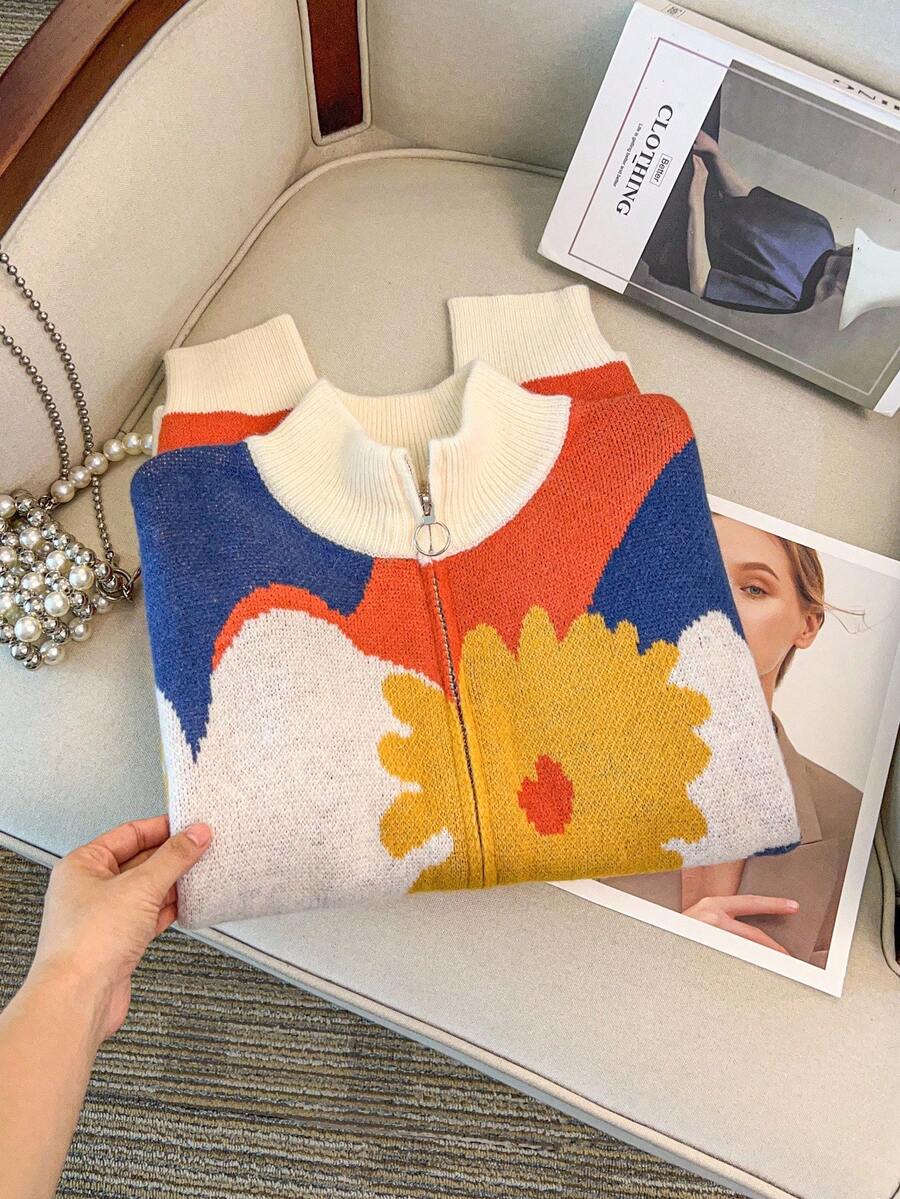 Regalyn Plus Size Women's Colorful Crew Neck Zip-Up Sweater Top Fall Winter Cloth For Women Autumn