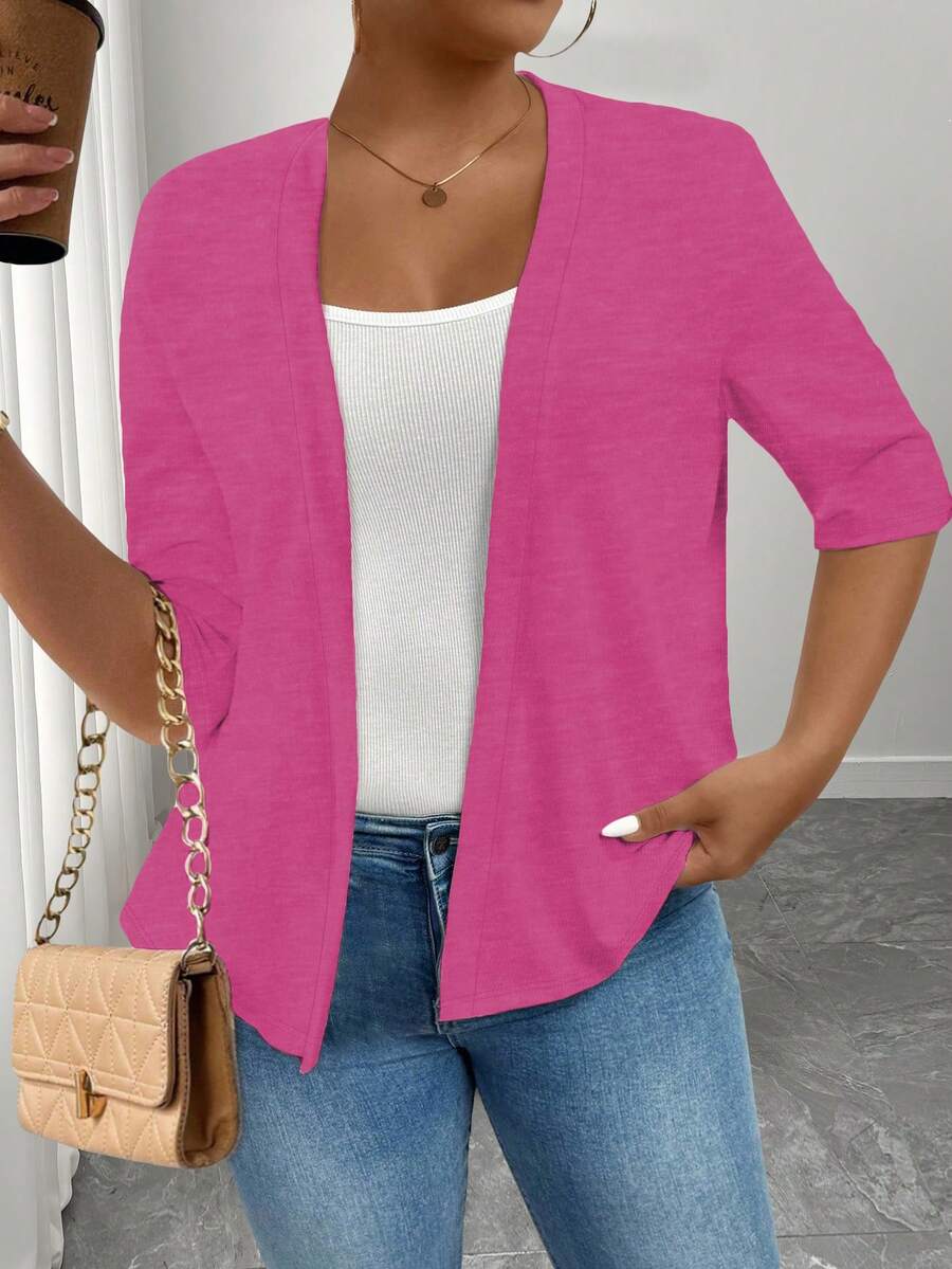 SHEIN LUNE Plus Size Women's Knitted Open Front Cardigan - Hot Pink - View 1