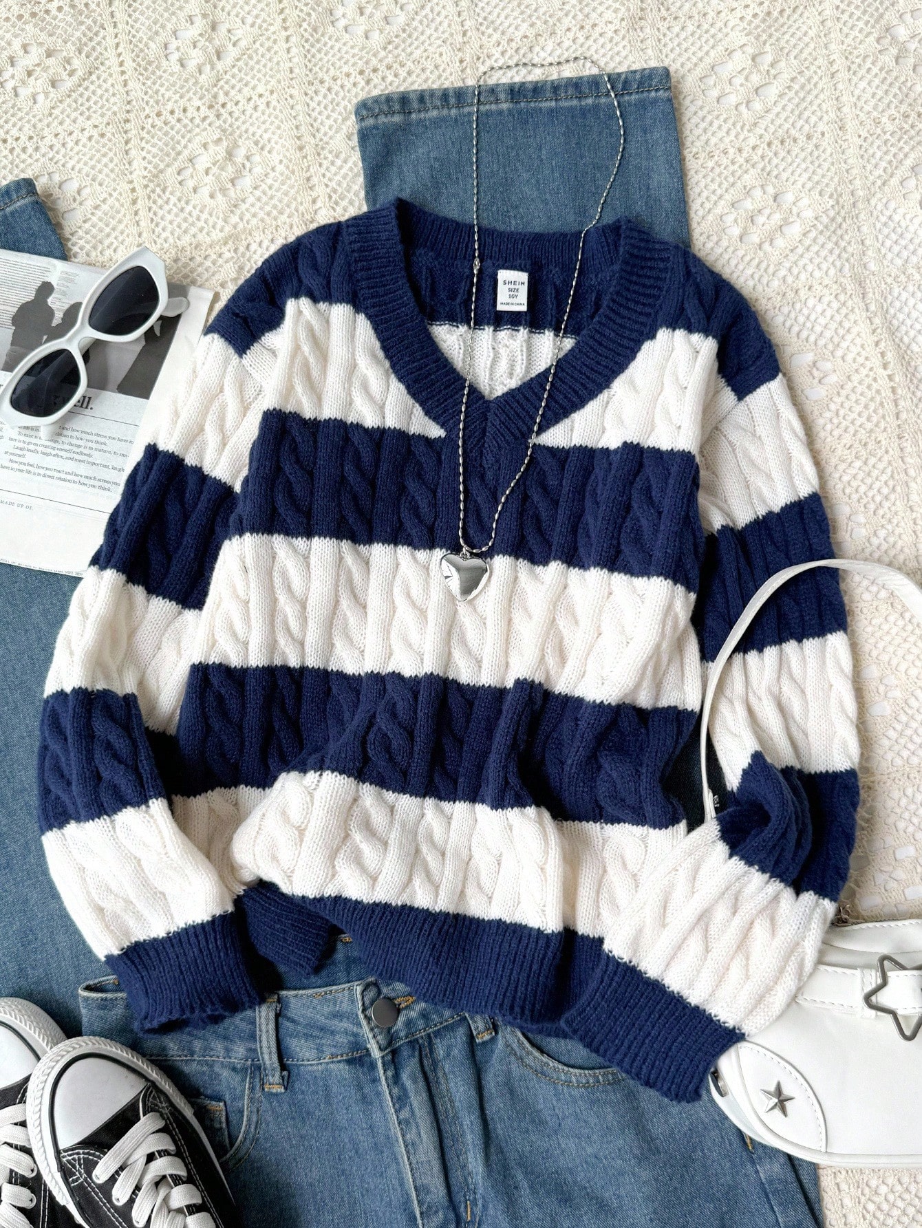 SHEIN Tween Girls' Stripe Contrast Color Twist Rope V-Neck Lantern Sleeve Loose Fit Pullover Sweater, Suitable For Autumn/Winter And Outdoor Wear Fall