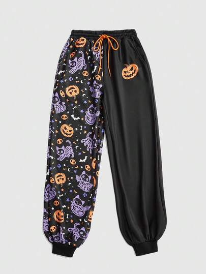 Goth Plus Size Women Loose Fit Pajama Pants With Skull, Cat, Pumpkin, Star, Moon, Bat, Bone Prints, Suitable For Halloween