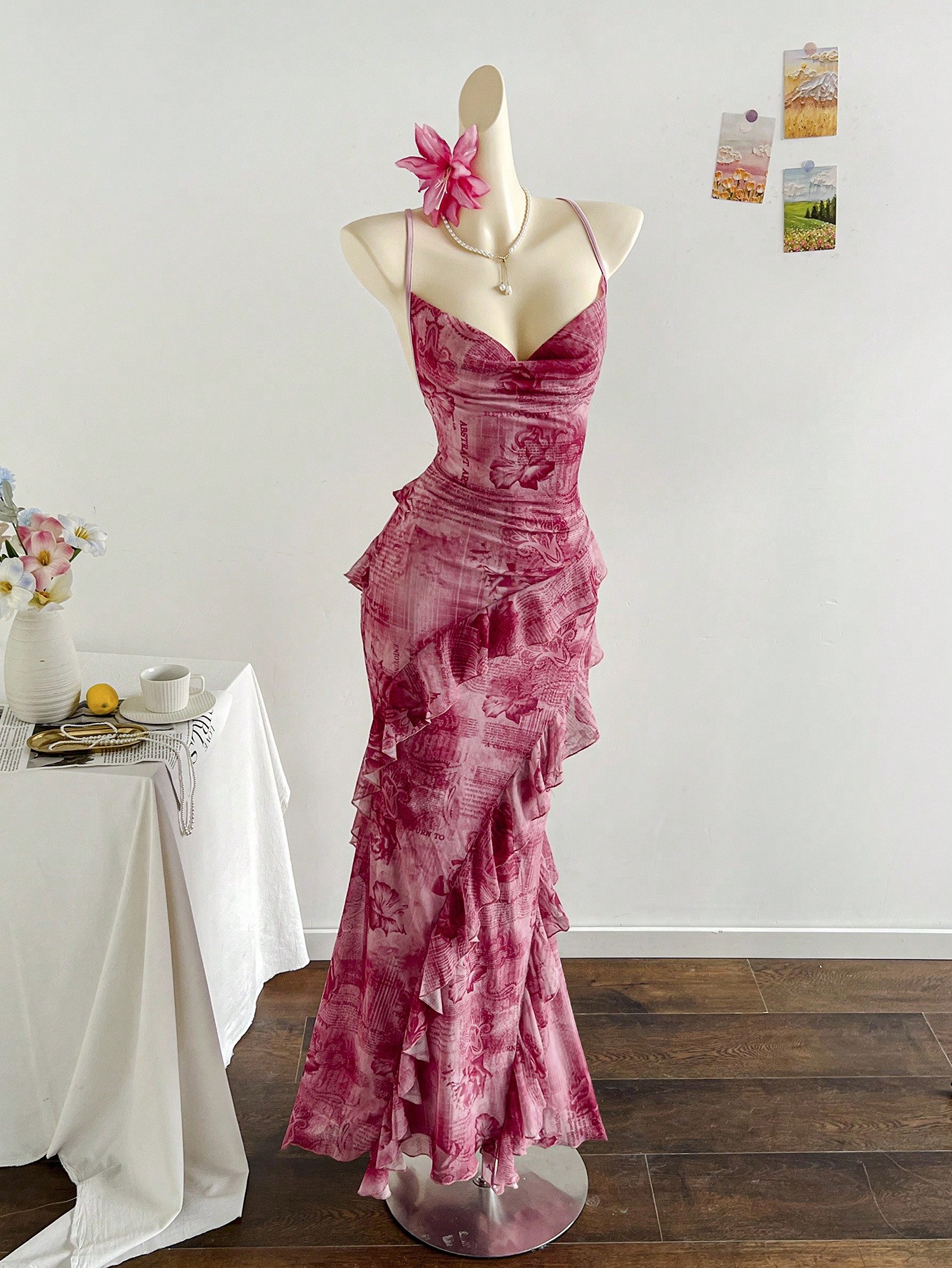 Soleia Women's Colorful Vintage Floral Print Draped Neck Layered Ruffle Hem Maxi Dress, Vacation Style Elegant Dress Women,White Dress For Civil Wedding ,Going Out Top ,Wedding Party Dress,Party Dress For Women,Elegant Party Dress,Christmas Dress ,Halloween Costume For Women, Winter Dress, Fall Women Clothes Rose Dress Orchid Dress Dinner Dress Ruffle Dress,Party