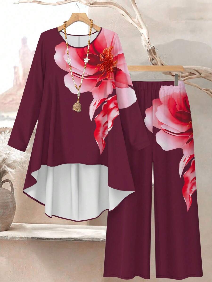SHEIN Lacomfia Conjunto de 2 piezas de top de cuello redondo y pantalones de ajuste holgado con estampado digital de acuarela floral para mujer