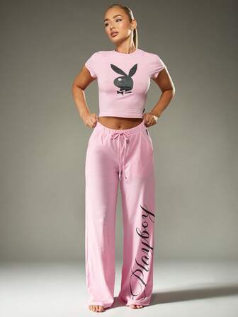 Missguided x Playboy Bunny Logo Two Piece Loungewear Set Comfortable Drawstring Pants With Crop Top Cotton Blend Sleepwear Nightwear Pajamas For Relaxation And Comfort