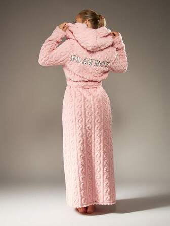 Missguided x Playboy Luxury Long Plush Hooded Bathrobe Cable Knit Texture Fluffy House Coat Winter Loungewear Cozy Dressing Gown Gift Robe