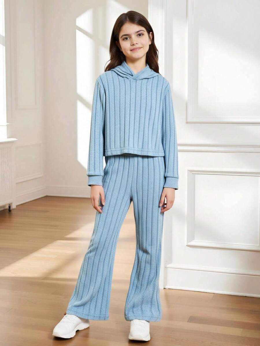 SHEIN Conjunto de dos piezas con sudadera sólida de punto y pantalones acampanados con capucha para niñas preadolescentes